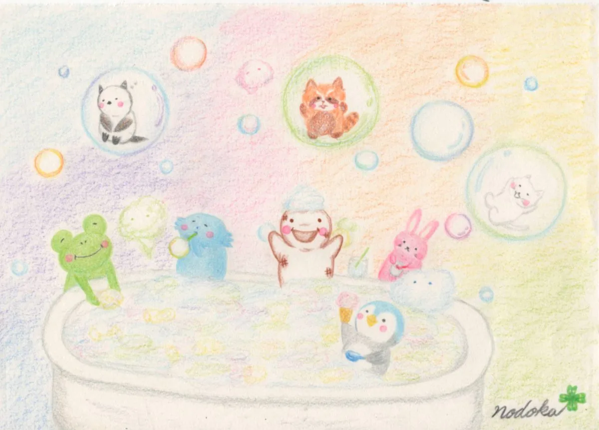 シャボン玉の浮かぶおふろで遊ぶキャラクターたちの絵
