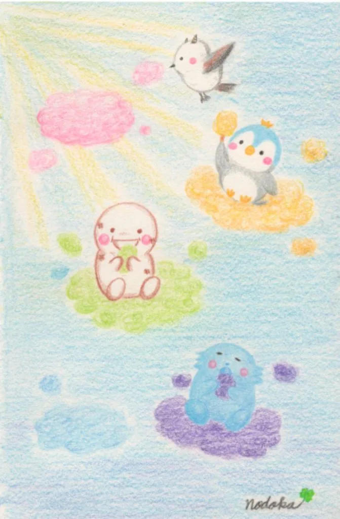 色とりどりの雲に乗った、なのなのとペンギンたちの絵